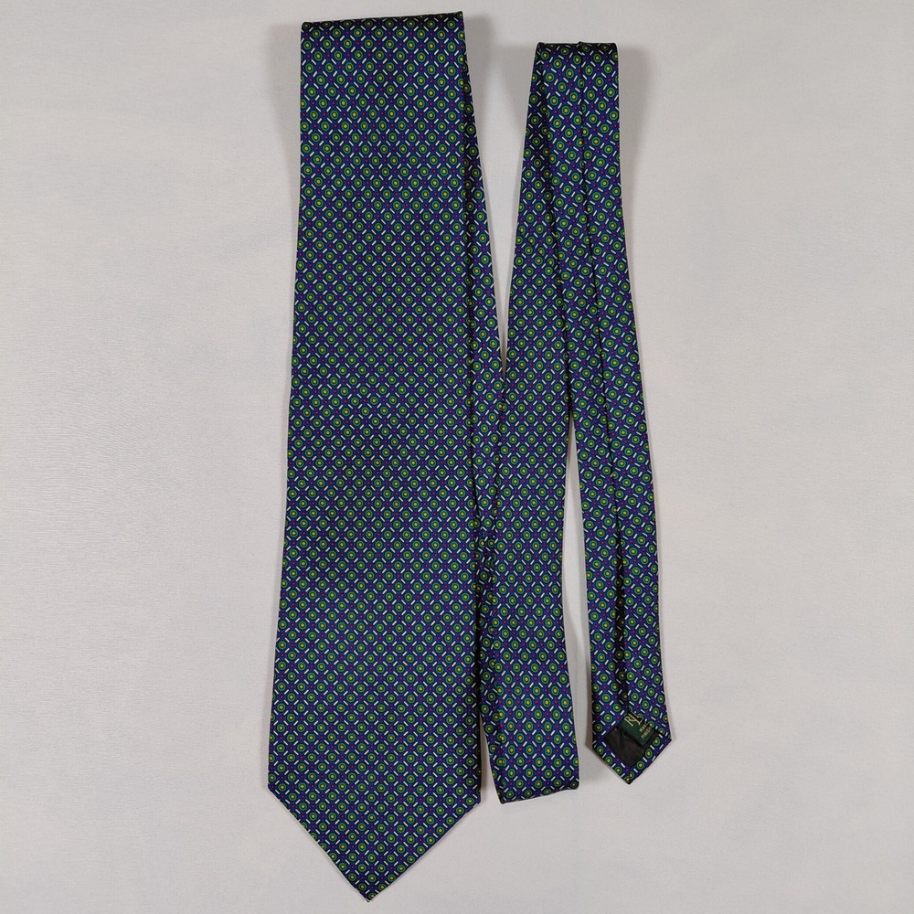 Lauren Ralph Lauren Mens Silk Tie Blue Green Geometric Pattern‎ Hand Finished